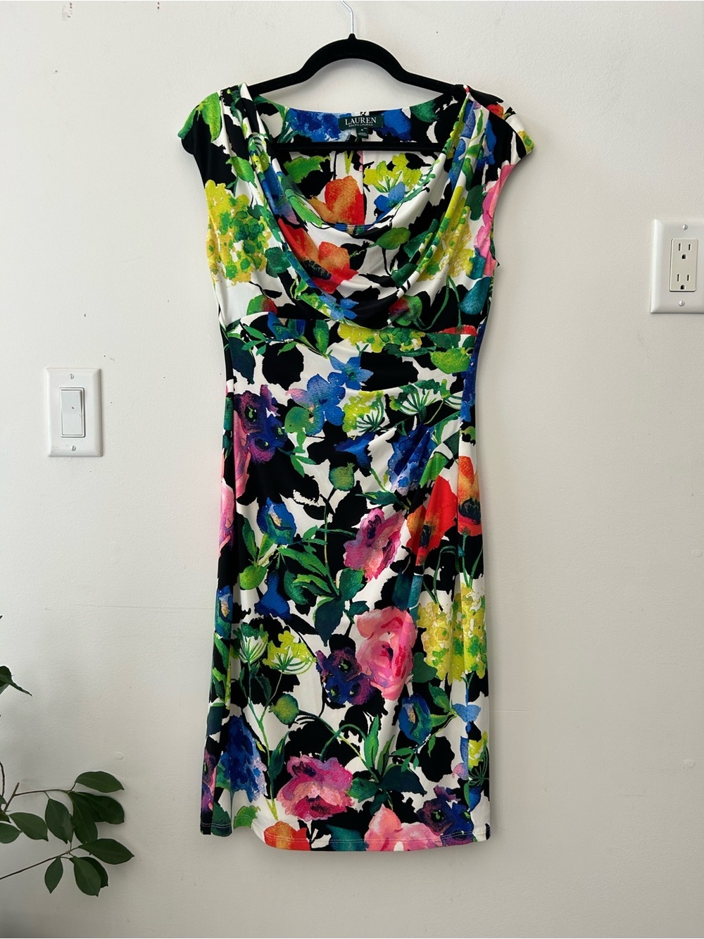 Ralph Lauren Floral Cowl Drape Neck Pullover Ruched Side Spring Dress